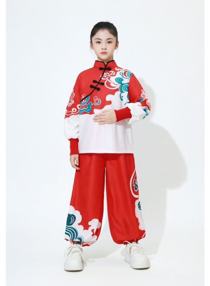 liannaner Girls Chinese Traditional Tang Suit 2-Piece Set, Red & White Cloud Print Long Sleeve Top & Red Bloomers Pants, Kids Hanfu Outfit for Lunar New Year, Festival Performance & Kung Fu, 3-18 Years - Image 5
