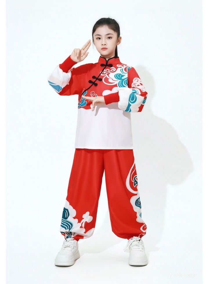 liannaner Girls Chinese Traditional Tang Suit 2-Piece Set, Red & White Cloud Print Long Sleeve Top & Red Bloomers Pants, Kids Hanfu Outfit for Lunar New Year, Festival Performance & Kung Fu, 3-18 Years - Image 2