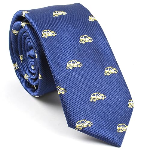Secdtie Mens Juniors Dark Blue Novelty Tie Yellow Cars Designer Silk Unique Funny Custom Necktie for Gentleman - Image 1