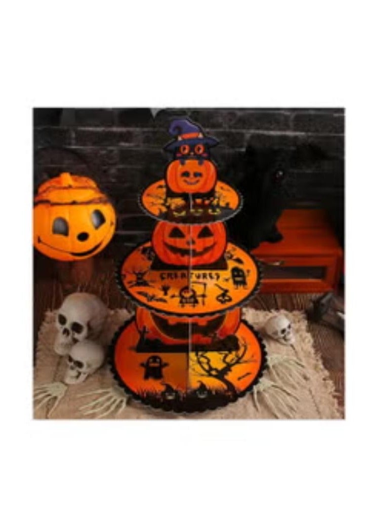 حامل كب كيك، حامل عرض كعك من الورق المقوى ثلاثي الطبقات لحفلات الهالوين، برج حلوى تزيين اليقطين للهالوين، حامل حلوى دائري من الورق المقوى حامل كب كيك الحلوى، طبق صينية تقديم طعام البوفيه - Image 1