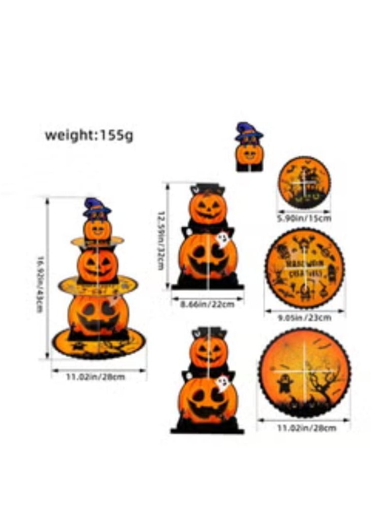 حامل كب كيك، حامل عرض كعك من الورق المقوى ثلاثي الطبقات لحفلات الهالوين، برج حلوى تزيين اليقطين للهالوين، حامل حلوى دائري من الورق المقوى حامل كب كيك الحلوى، طبق صينية تقديم طعام البوفيه - Image 2