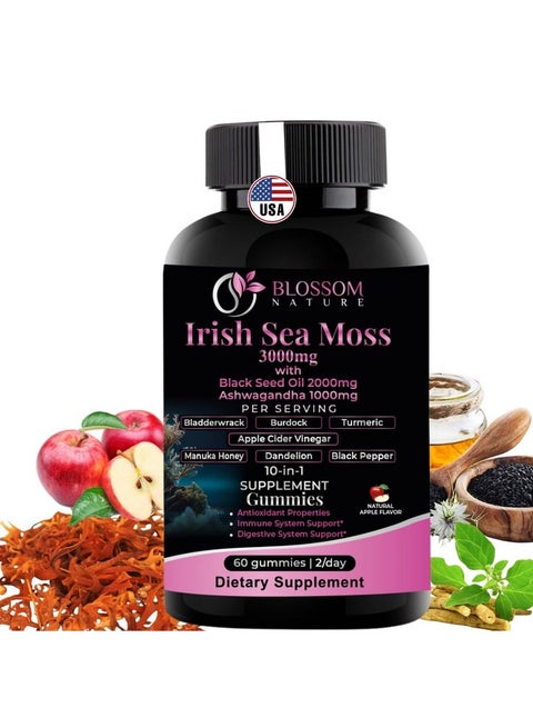 10-in 1 Irish Sea Moss Gummies 3000mg with Black Seed Oil Ashwagandha Bladderwrack Burdock Turmeric Apple Cider Vinegar Manuka Honey Dandelion - for Immune and Digestive System, Made in USA (Gummies)