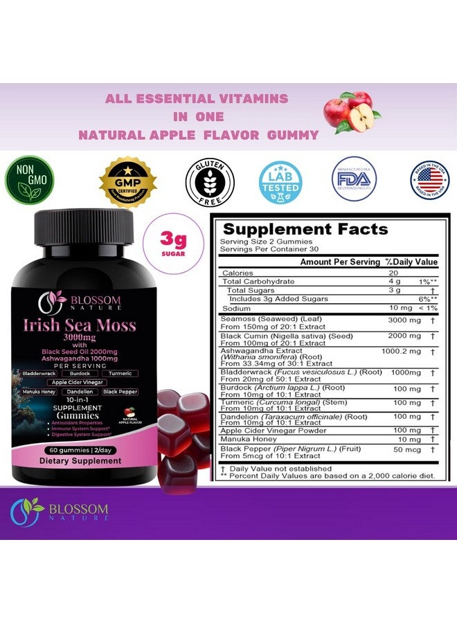 10-in 1 Irish Sea Moss Gummies 3000mg with Black Seed Oil Ashwagandha Bladderwrack Burdock Turmeric Apple Cider Vinegar Manuka Honey Dandelion - for Immune and Digestive System, Made in USA (Gummies)