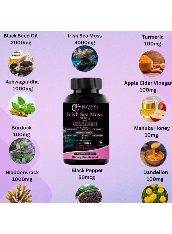10-in 1 Irish Sea Moss Gummies 3000mg with Black Seed Oil Ashwagandha Bladderwrack Burdock Turmeric Apple Cider Vinegar Manuka Honey Dandelion - for Immune and Digestive System, Made in USA (Gummies)