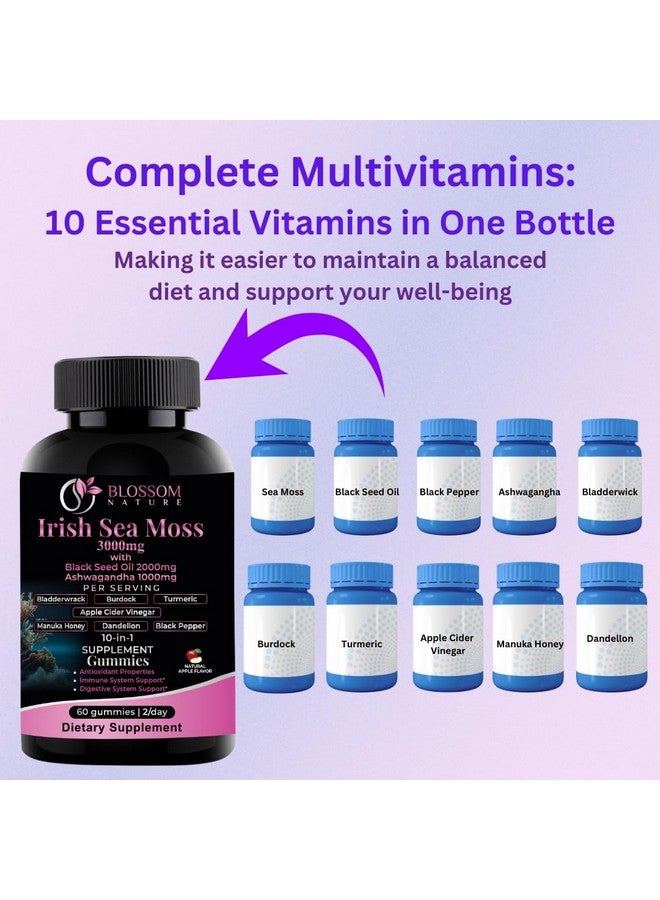 10-in 1 Irish Sea Moss Gummies 3000mg with Black Seed Oil Ashwagandha Bladderwrack Burdock Turmeric Apple Cider Vinegar Manuka Honey Dandelion - for Immune and Digestive System, Made in USA (Gummies)