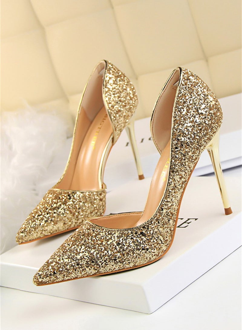 BIGTREE 9.5cm Slim Shoes For Women With Slim Heels Shallow Heels And Pointed Side Sequins Gold - Image 1
