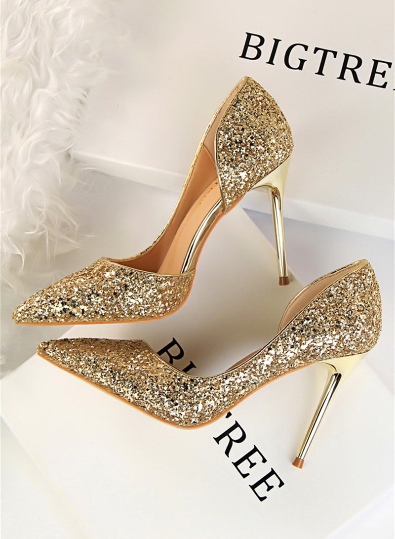 BIGTREE 9.5cm Slim Shoes For Women With Slim Heels Shallow Heels And Pointed Side Sequins Gold - Image 2