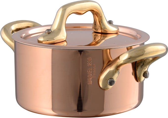 MMINIS POLISHED COPPER STAINLESS STEEL STEW PAN WITH LID AND BRASS HANDLE 034QUART MADE IN FRANCE