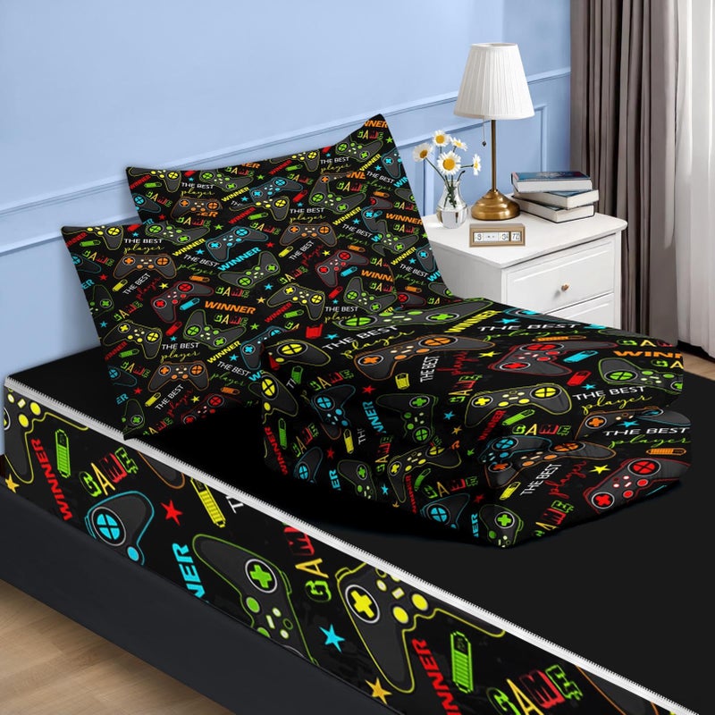 Nesker Zipper Bedding Twin Colorful Gamepad Zip Up Bedding Set for Boys and Kids, Gaming Players 3 Pcs Comforter Bed in a Bag with Fitted Sheet and 2 Pcs Pillowcases - Image 2