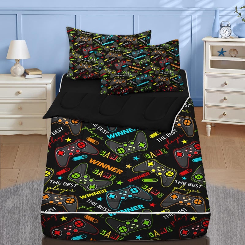 Nesker Zipper Bedding Twin Colorful Gamepad Zip Up Bedding Set for Boys and Kids, Gaming Players 3 Pcs Comforter Bed in a Bag with Fitted Sheet and 2 Pcs Pillowcases - Image 1
