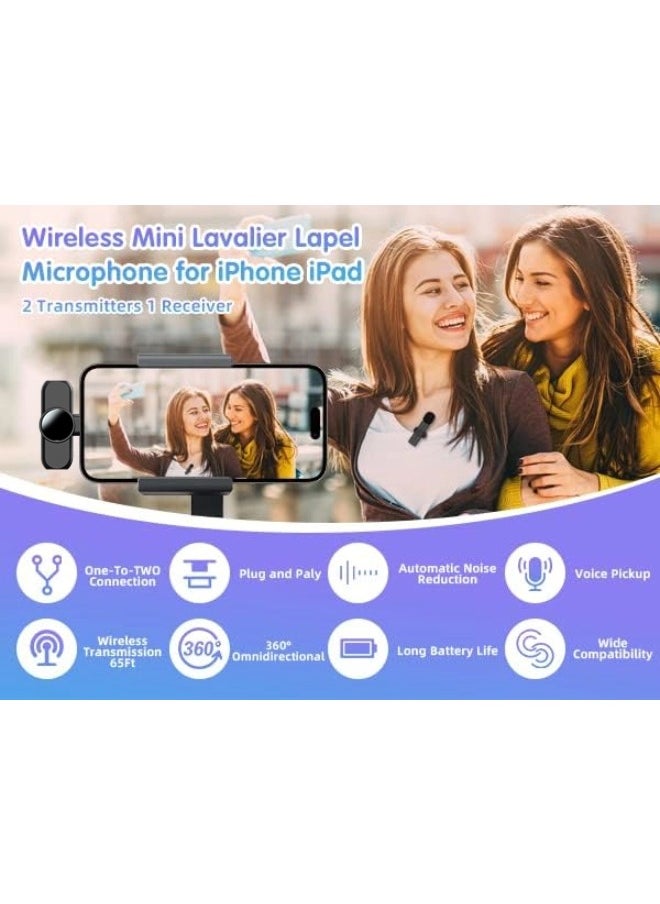 2PCS Lavalier Lapel Wireless Microphone for Iphone with Lightning and Android phone with Type-C,Noise Reduction Plug-Play Wireless Mic