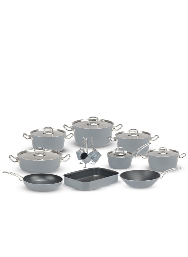 Lines Turkish Granite Cookware Set – 19 PCS – Pots 18/20/24/28 CM + Fry Pan 26 CM + Wok 28 CM + Saucepan 16 CM + 34.5 CM Oven Tray + 4 Coffee Pots with Stand – Stainless Steel Lid – 7 Colors Gray color - Image 1