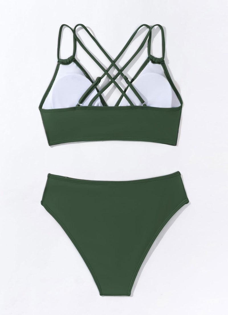 Tainehs Women's Push Up V Neck Bikini Sets Criss Cross Back Two Piece Bathing Suit Army Green - Image 3
