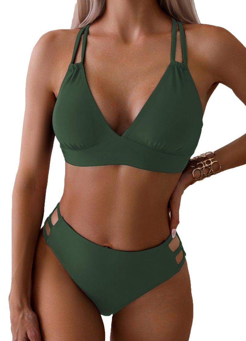 Tainehs Women's Push Up V Neck Bikini Sets Criss Cross Back Two Piece Bathing Suit Army Green - Image 1