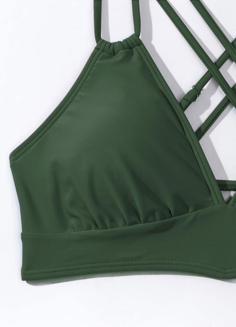 Tainehs Women's Push Up V Neck Bikini Sets Criss Cross Back Two Piece Bathing Suit Army Green - Image 4
