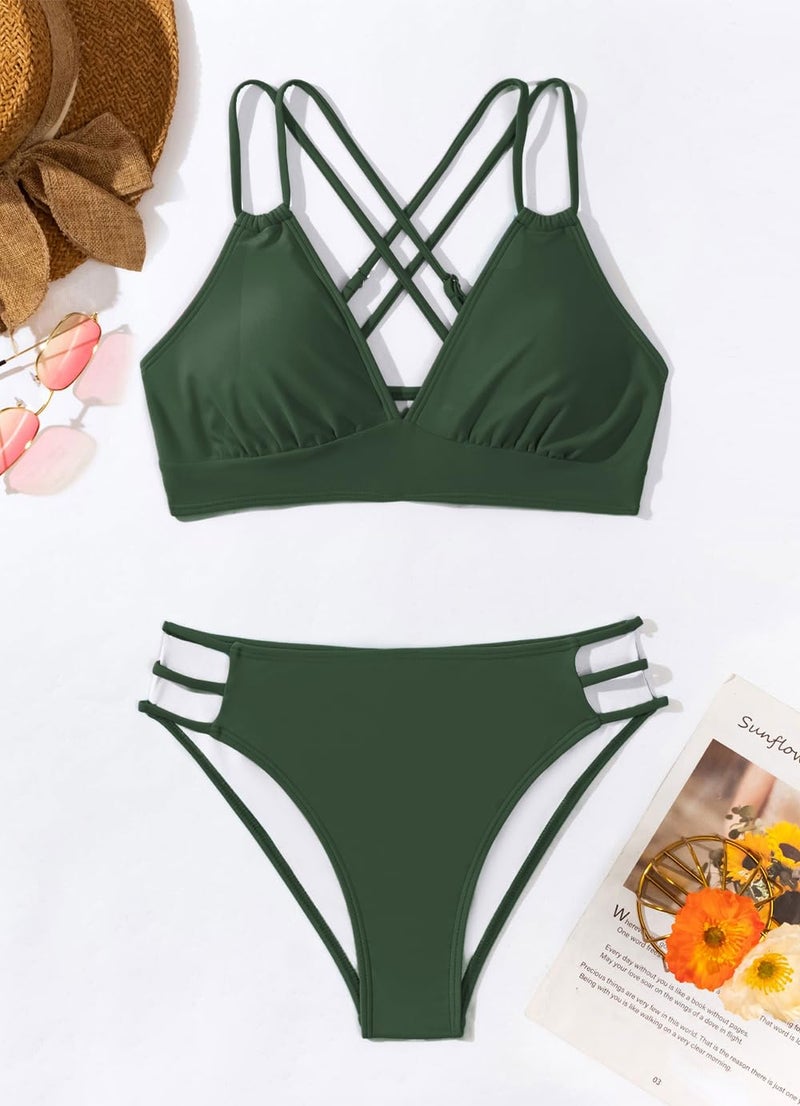 Tainehs Women's Push Up V Neck Bikini Sets Criss Cross Back Two Piece Bathing Suit Army Green - Image 2