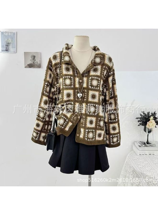 Brown Women's New Chinese Style Embroidered Hollow Knit Sweater, Casual Loose Versatile Top