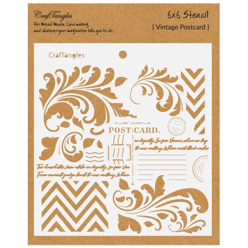 CrafTangles CrafTangles Art and Craft Stencil Vintage Postcard 6x6 inch Reusable use for DIY Painting on Canvas Fabric Cloth Paper Glass Furniture Wall Mixed Media and Decoupage 1Pc CTCS146