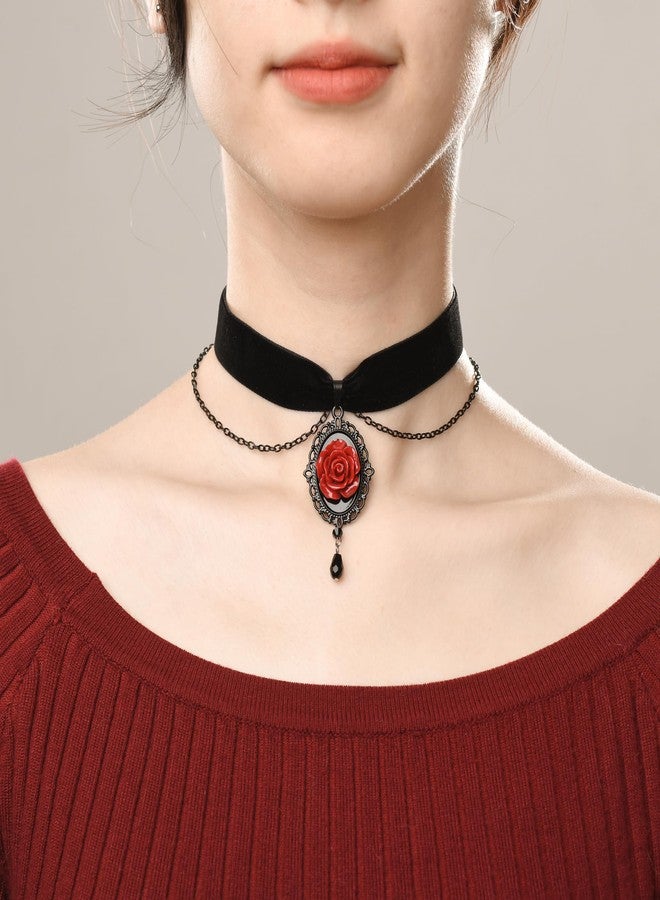 RareLove Vintage Red Rose Necklace Gothic Cameo Choker Victorian Jewelry Black Velvet Choker Collar for Women Witch Jewelry Vampire Necklace - Image 4