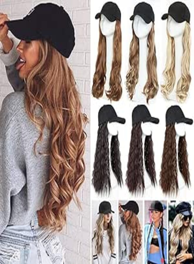 S-noilite Synthetic Long Curly Wavy Baseball Cap with Hair Brown Black Blonde Women Wig Hats with Hair Wavy Extensions Sandy blonde & bleach blonde