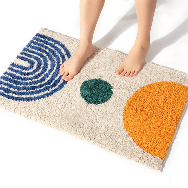 DBJOY Boho Bathroom Rugs NonSlip Abstract Bath Rugs Microfiber Cute Mat Black Washable for TubeWashbasinToilet BeigeMoon 16X24