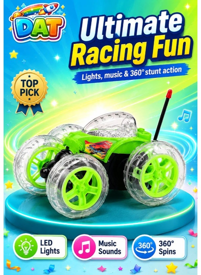 DAT RC Stunt Car with LED Wheels & 360° Flips, Remote Control Tumbling Trick Vehicle for Kids – Green/Black - Image 1