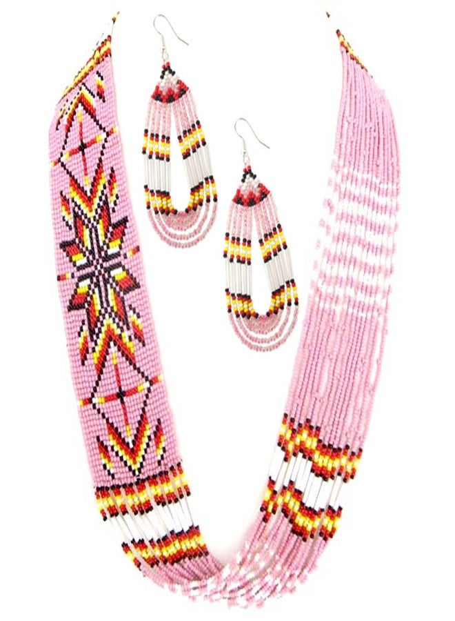 La vivia Handmade Beaded Necklace,Native American Style Seed Beaded Layered Indian Necklace Earrings Set.One of a Kind fashion Jewelry for Women's. 38/15 Pink,Red - Image 1