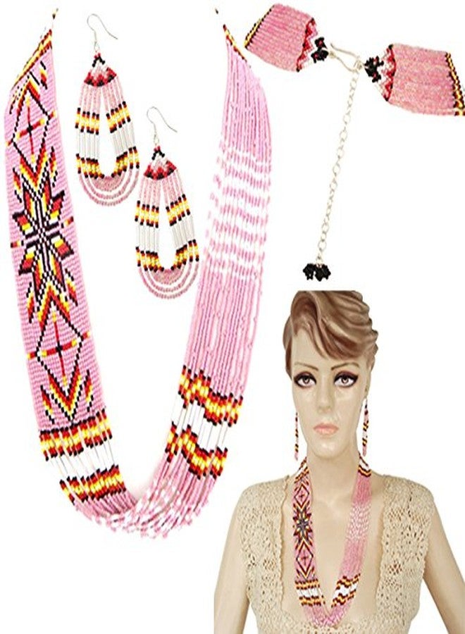 La vivia Handmade Beaded Necklace,Native American Style Seed Beaded Layered Indian Necklace Earrings Set.One of a Kind fashion Jewelry for Women's. 38/15 Pink,Red - Image 2