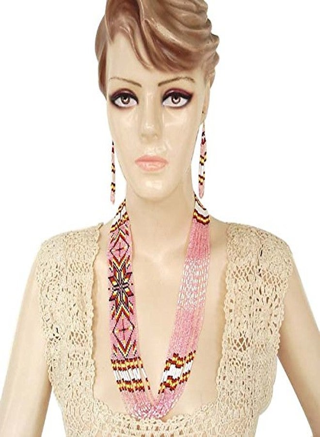 La vivia Handmade Beaded Necklace,Native American Style Seed Beaded Layered Indian Necklace Earrings Set.One of a Kind fashion Jewelry for Women's. 38/15 Pink,Red - Image 3