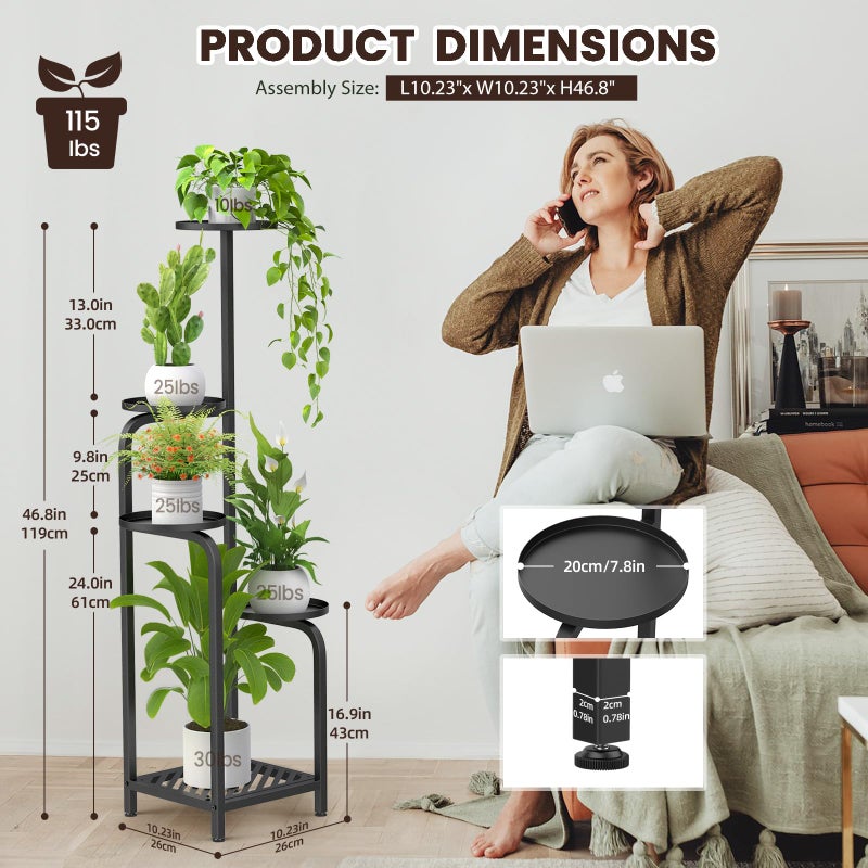 TOSKING 5 Tier Tall Plant Stand Indoor Outdoor,Anti-Tip Plant Stand indoor, Wide Base for Pots, Child and Pet Friendly,Heavy Duty Corner Shelf for Plants & Decor, Space Saving ,Tiered Metal Flower Pot Stand for Balcony, Garden, Living Room, Patio (Black, 47in) - Image 4