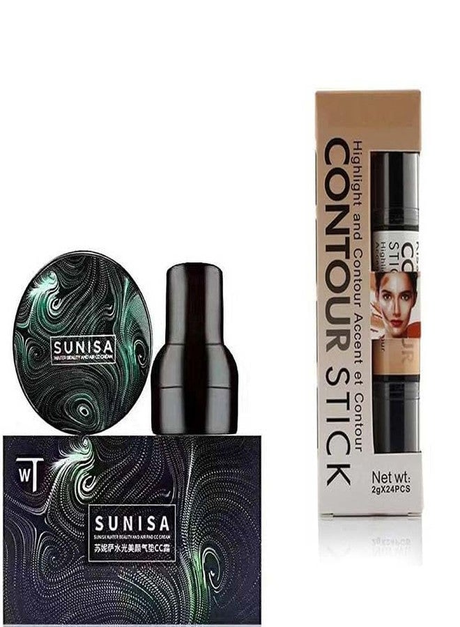 SUNISA BB and CC Cream Foundation With Mushroom Head Air Cushion 20g And Professional Highlighter And Contour Stick Highlighter Concealer for All Types of Makeup - Image 1