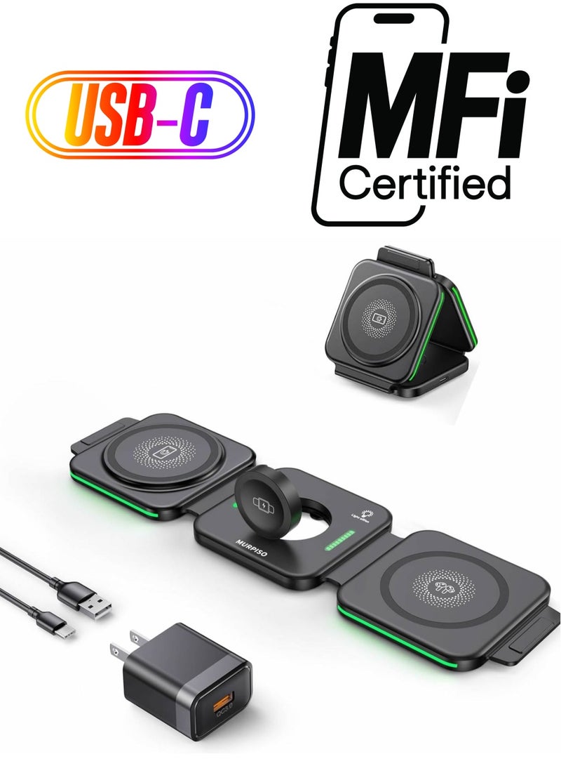 Beauenty 3 in 1 Charging Station for Apple,Magnetic Foldable Charger for Travel,Wireless Charger Pad for iPhone 15/14/13/12/Pro/Max/Mini,AirPods Wireless/Pro,iWatch Ultra/SE/9/8/7/6/5/4/3/2 - Image 1