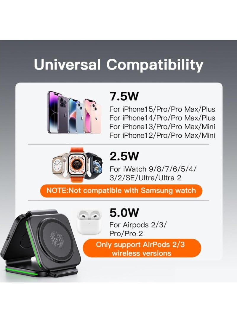Beauenty 3 in 1 Charging Station for Apple,Magnetic Foldable Charger for Travel,Wireless Charger Pad for iPhone 15/14/13/12/Pro/Max/Mini,AirPods Wireless/Pro,iWatch Ultra/SE/9/8/7/6/5/4/3/2 - Image 3