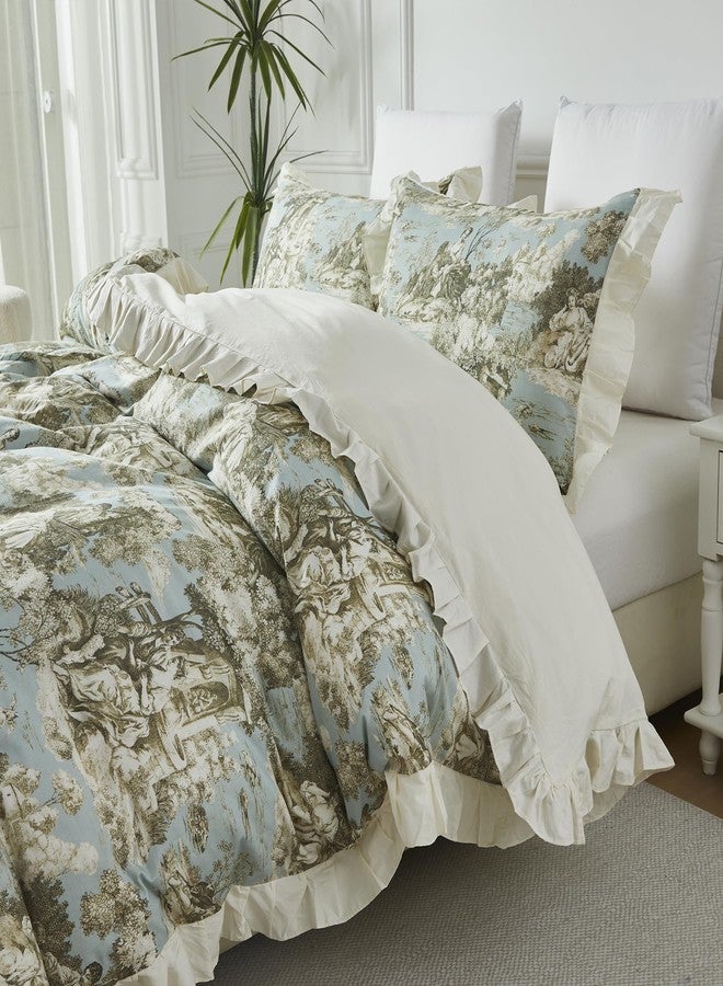Brandream French Country Toile Duvet Cover Set Full Size for Girls Bedroom Vintage Toile Floral 100% Cotton Delicate Ruffle Fringe Soft Breathable, 3 Pieces Cottagecore Bedding with Zipper Closure - Image 2