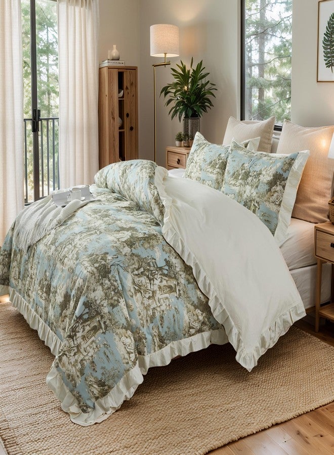 Brandream French Country Toile Duvet Cover Set Full Size for Girls Bedroom Vintage Toile Floral 100% Cotton Delicate Ruffle Fringe Soft Breathable, 3 Pieces Cottagecore Bedding with Zipper Closure - Image 3