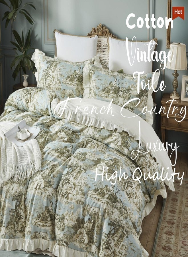 Brandream French Country Toile Duvet Cover Set Full Size for Girls Bedroom Vintage Toile Floral 100% Cotton Delicate Ruffle Fringe Soft Breathable, 3 Pieces Cottagecore Bedding with Zipper Closure - Image 4
