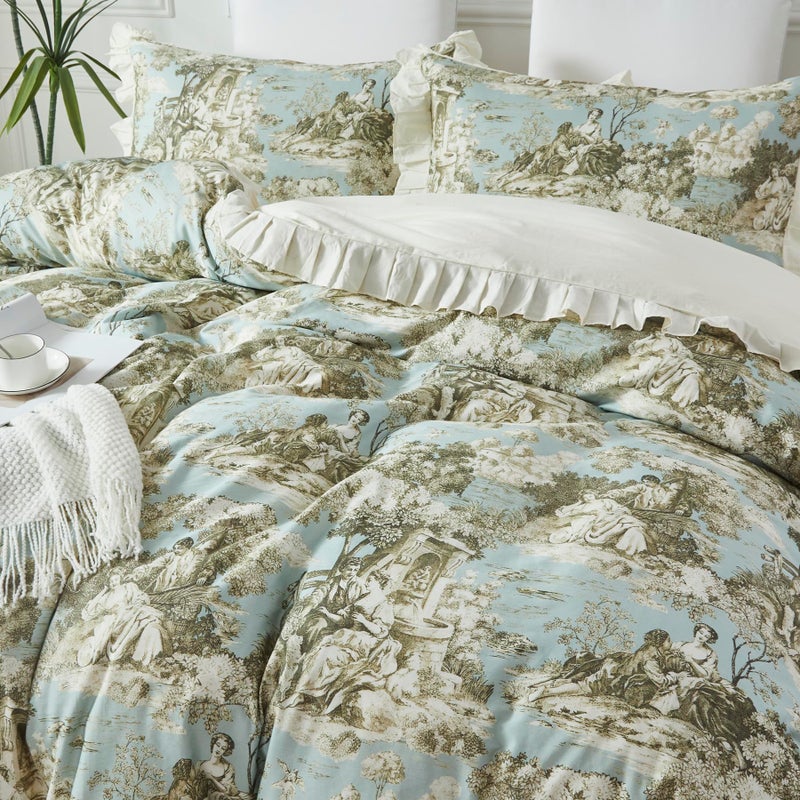Brandream French Country Toile Duvet Cover Set Full Size for Girls Bedroom Vintage Toile Floral 100% Cotton Delicate Ruffle Fringe Soft Breathable, 3 Pieces Cottagecore Bedding with Zipper Closure - Image 1