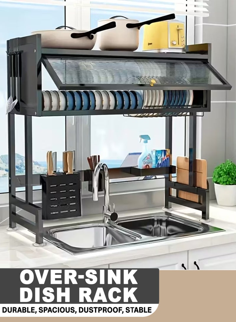 توشونكس رف تجفيف الأطباق فوق الحوض بطبقتين مع باب شفاف - منظم مطبخ فعال وتخزين للأواني - Image 1