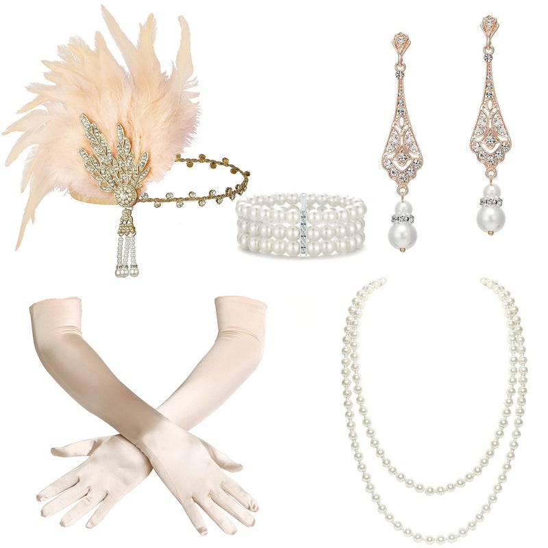 BABEYOND 1920s Accessories for Women Great Gatsby Accessories Flapper Headband Headpiece Pearl Necklace Gloves for Women