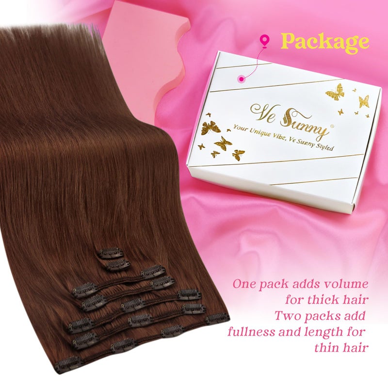 Ve Sunny Clip in Hair Extensions Real Human Hair Reddish Brown Remy Human Hair Clip in Extensions Thick Straight Real Hair Extensions For Women 7pcs 120g 18 Inch - Image 5