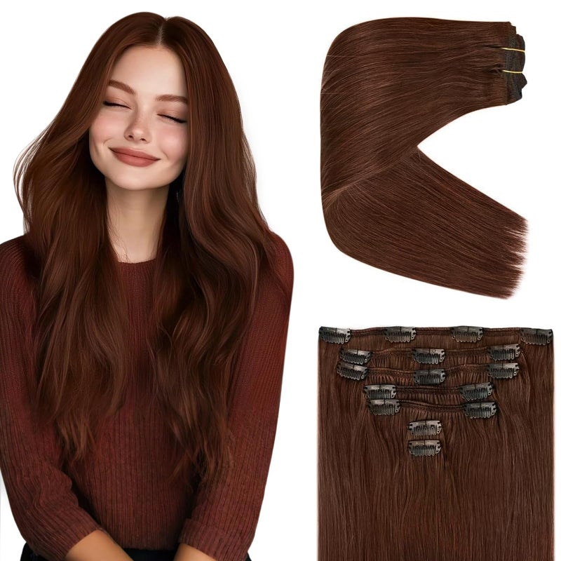 Ve Sunny Clip in Hair Extensions Real Human Hair Reddish Brown Remy Human Hair Clip in Extensions Thick Straight Real Hair Extensions For Women 7pcs 120g 18 Inch - Image 1