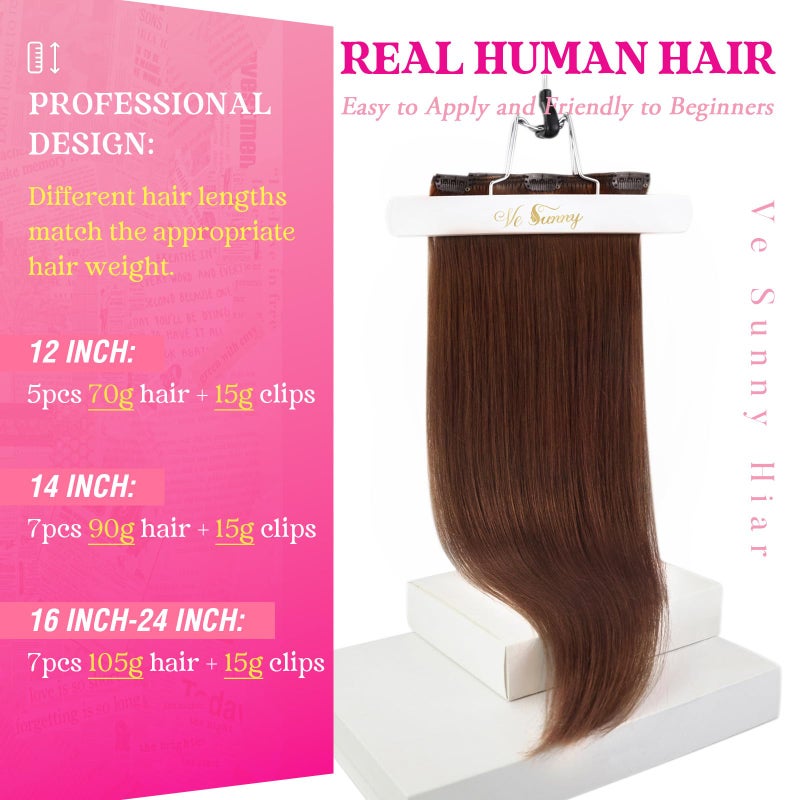 Ve Sunny Clip in Hair Extensions Real Human Hair Reddish Brown Remy Human Hair Clip in Extensions Thick Straight Real Hair Extensions For Women 7pcs 120g 18 Inch - Image 2
