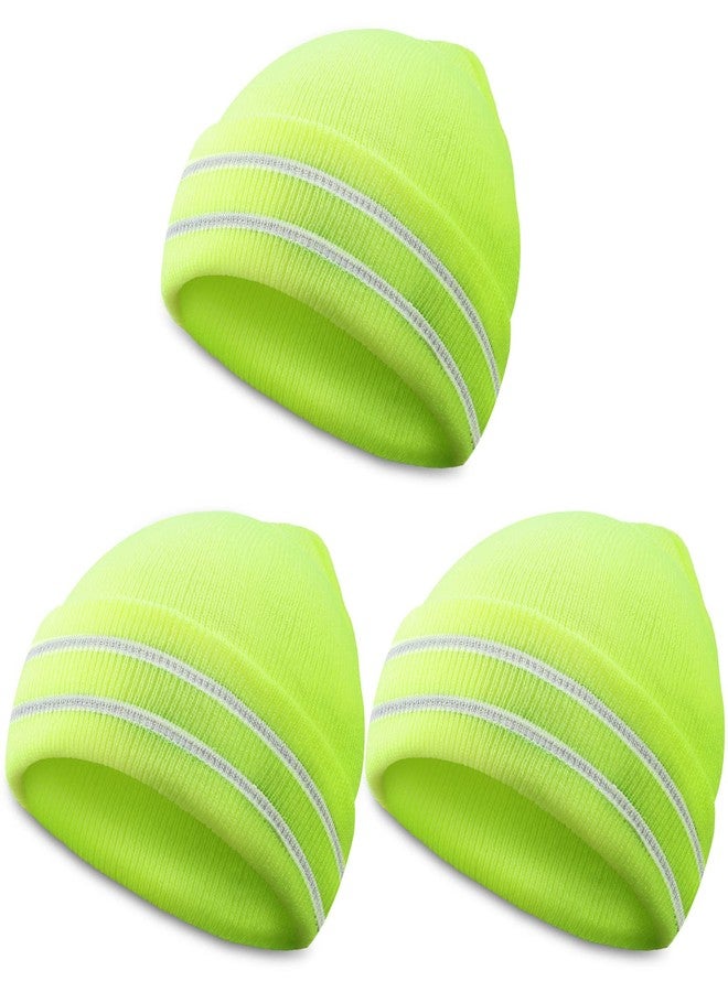 JenPen 3 Pcs Safety Beanie Reflective Hat Winter High Visibility Unisex Knit Beanie Hat Running Cap Headwear for Men Women(Yellow) - Image 1