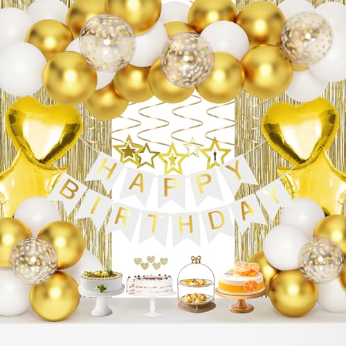 HGH Gold Birthday Decorations White and Gold Balloons Party Decorations Set Golden Happy Birthday Banner Fringe Curtain Party Decorations for Kids Women Men Girls Golden Birthdays Party Supplies - Image 1