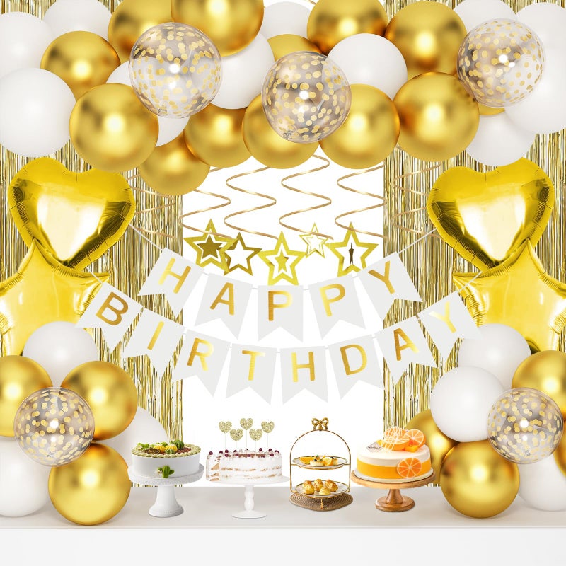 HGH Gold Birthday Decorations White and Gold Balloons Party Decorations Set Golden Happy Birthday Banner Fringe Curtain Party Decorations for Kids Women Men Girls Golden Birthdays Party Supplies - Image 2