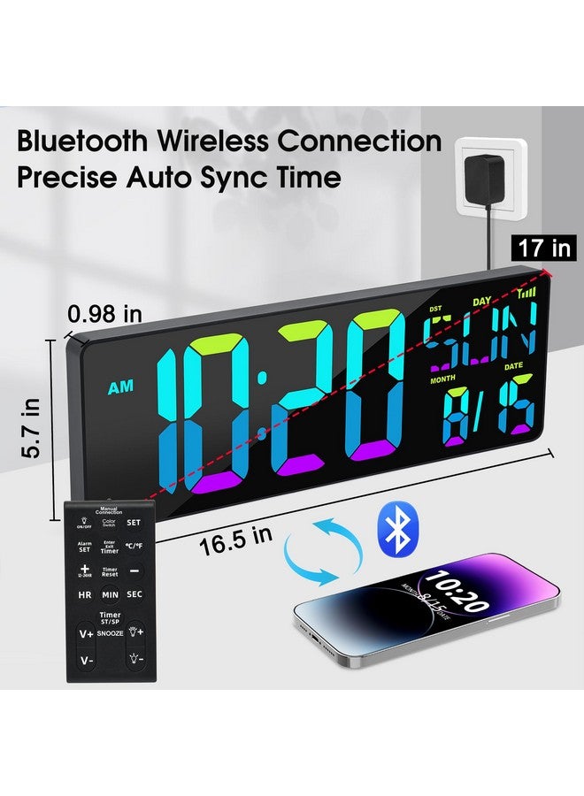 XREXS Large Digital Wall Clock Bluetooth Sync, 17.2" RGB Color Changing Digital Clock with Remote Control, Adjustable Brightness Grandfather Clock, Temperature for Home, Gym and Classroom - Image 2