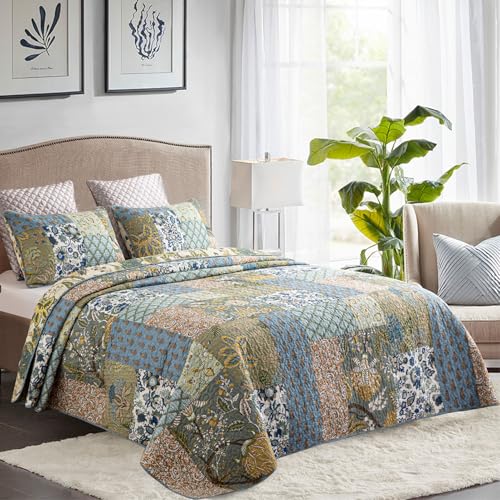 YAYIDAY Quilt King Size Patchwork Bedspread - 100% Cotton Reversible Breathable Green Leaves Quilted Quilt with Pillow Shams for All Seasons - Image 2
