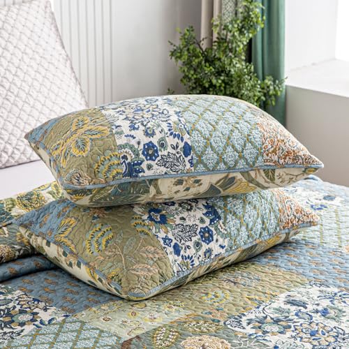 YAYIDAY Quilt King Size Patchwork Bedspread - 100% Cotton Reversible Breathable Green Leaves Quilted Quilt with Pillow Shams for All Seasons - Image 4