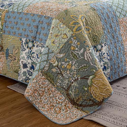YAYIDAY Quilt King Size Patchwork Bedspread - 100% Cotton Reversible Breathable Green Leaves Quilted Quilt with Pillow Shams for All Seasons - Image 3