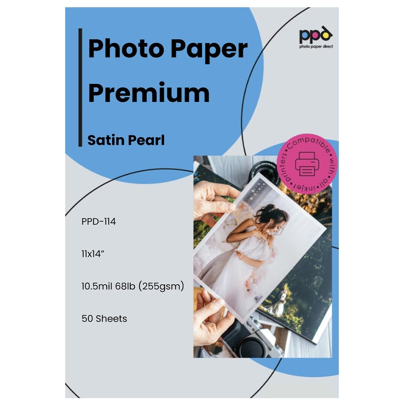 PPD Satin Photo Paper for Inkjet Printer, Premium Pearl Luster Finish 11 x 14 Size Sheets for Printable Photos, Thick 255 gsm 68 lbs 10.5 mil, White, Water Resistant & Instant Dry Prints (50 Pack) - Image 1